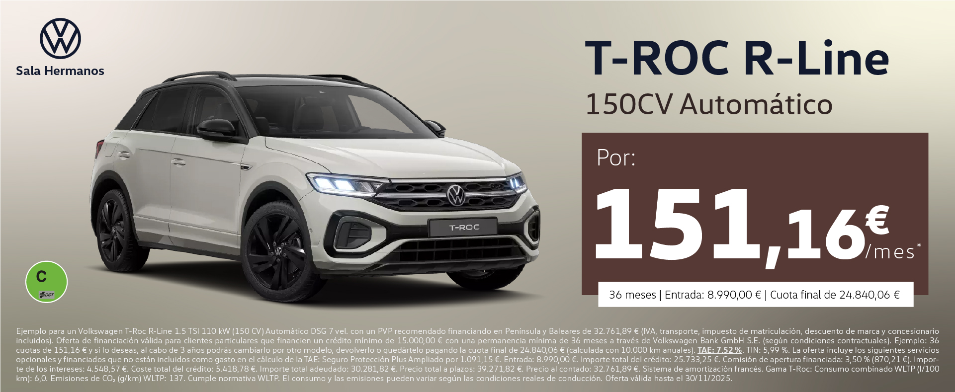 ¡Exclusivo Online! T-Roc R-Line Automático por 151,16€/mes*